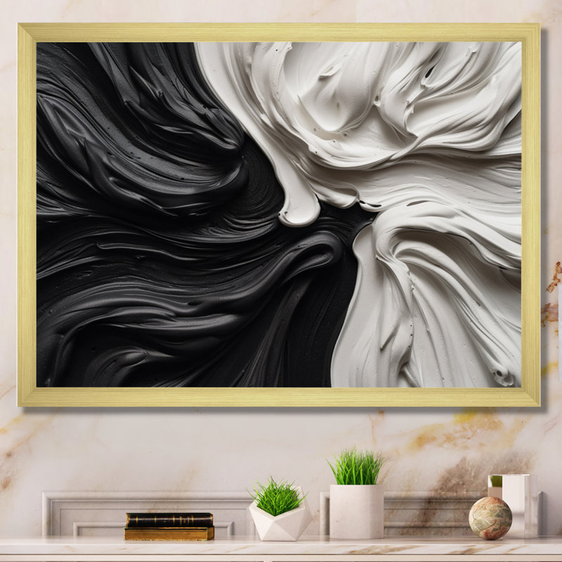 Noir et blanc marbré Dreamscape IV - art mural abstrait géométrique, Cadre photo unique, H 34 po x l 44 po, Doré