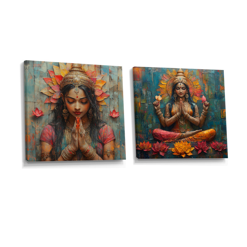 «Pink Indian Lakshmi's Blessings I», art mural indien, art mural global, 2 pièces, H 36 po x l 73 po, Toile tendue