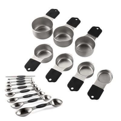 Magnetic Measuring Cups and Spoons Set 16 Piece, 304 Stainless Steel Measuring Cups Spoons with Leveler, Dual Engraved US Metric Markings, Nesting Magnetic Design, Black Handle for Baking Cooking