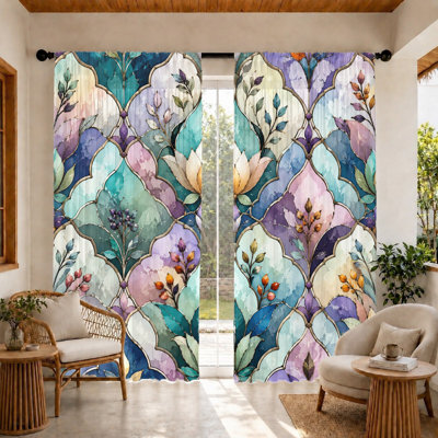2Pcs Bohemian Arch Window Curtains, Art Nouveau Leaf and Flower Print, Light Filtering Fabric, Elegant Privacy Protection, Rod Pocket Design, Decorative Home for Living Room Bedroom Balcony Kitchen