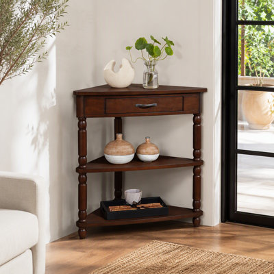 33.8'' Small Triangle Corner Table, Wood Corner Side Table for Small Spaces/ Living Room, 3 Tier End Corner Table with Solid Wood Legs, Light Espresso