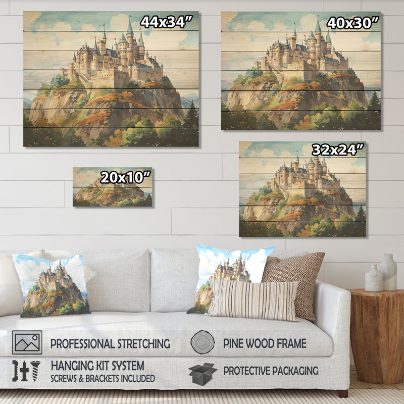 French Castle Mountain Views - Châteaux sur bois, H 10 po x l 20 po