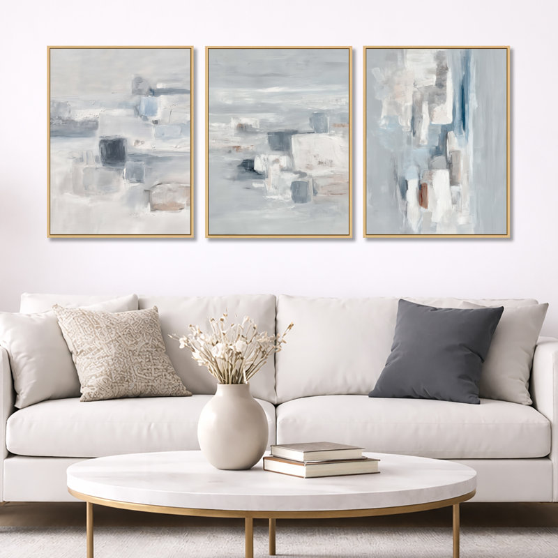 "Gray Minimalisme Simple Shapes", peinture abstraite encadrée, 3 pièces, 32" H x 72" W, Natural Wood Floater Framed