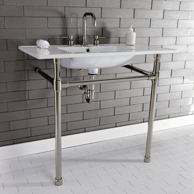 Kingston Brass Concord Two-Handle 3-Hole Deck Mount Widespread Bathroom Faucet with Brass Pop-Up Drain, Polished Nickel