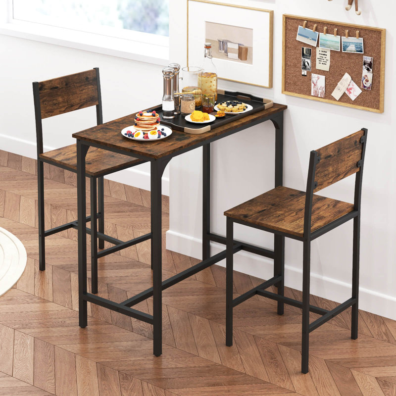 3 Pcs Bar Table Set Pub Dining Table & 2 Bar Stools With Backrest & Footrest Brown