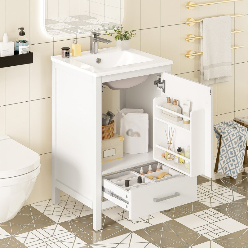 Meuble-lavabo moderne de 20 pouces avec lavabo en céramique, tiroir et porte à fermeture en douceur, organisateur de porte double couche, tiroir de séparation, patins réglables - conception de rangement peu encombrante