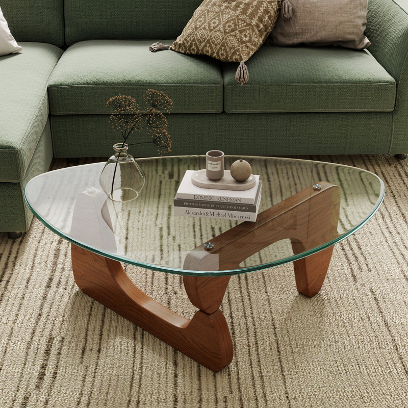 Modern Triangular Coffee Table With Wood Base For Living Room, 15.74" H x 35.82" L x 25.6" W, Clear, Walnut
