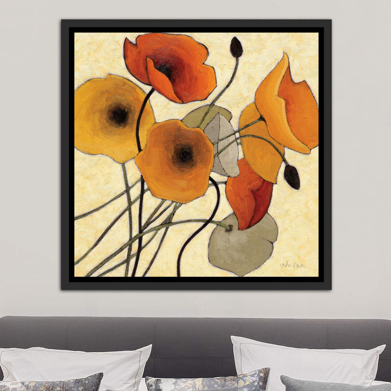 " Pumpkin Poppies II " by Shirley Novak, 26" H x 26" W x 1.5" D, Distressed Black Floater Framed