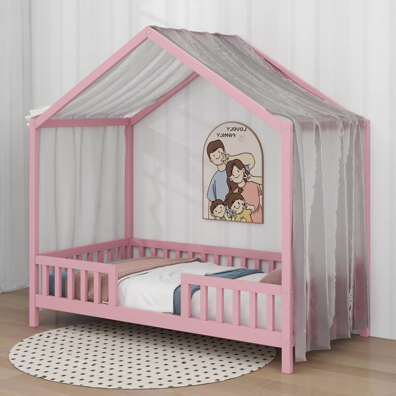 Lit simple au sol avec auvent, cadre de lit en forme de maison avec balustrades hautes, toit, Twin, Rose