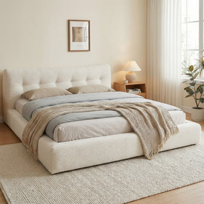 Cloud Corduroy Bed Frame, Soft Upholstered Platform Bed with Thick Padded Headboard & Bolster Pillow, Cloud-Like Cozy Comfort & Easy Assembly