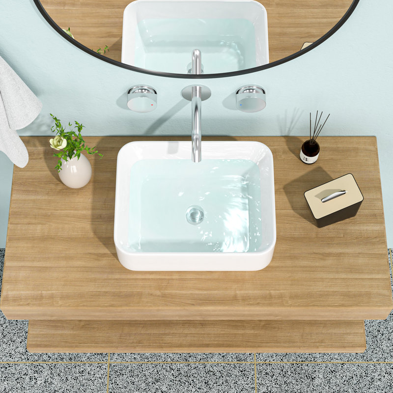 19"X15" White Ceramic Rectangular Vessel Bathroom Sink, White