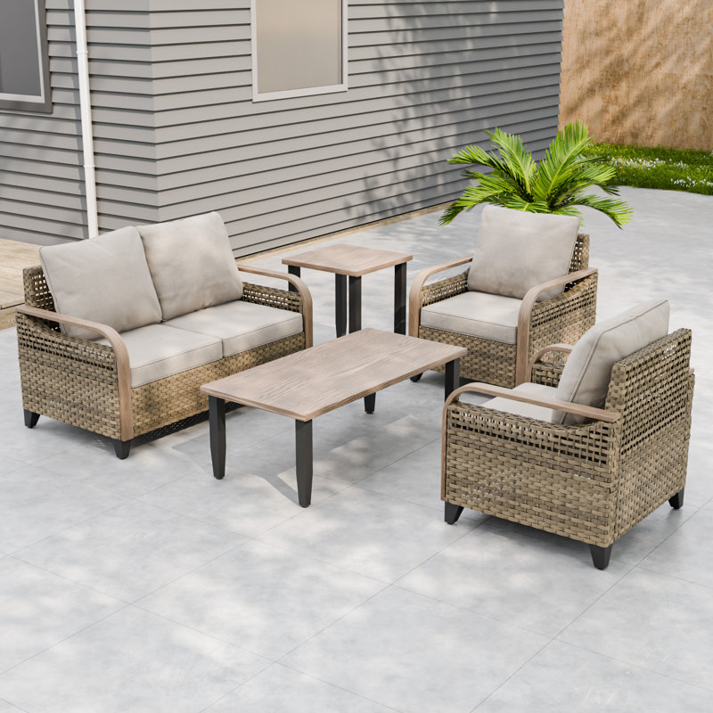 5-Piece Outdoor Patio Brown Wicker Wood Grain Armrest Dining Lounge Chair Sofa Seating Group with Cushion, Coffee Table, Gray