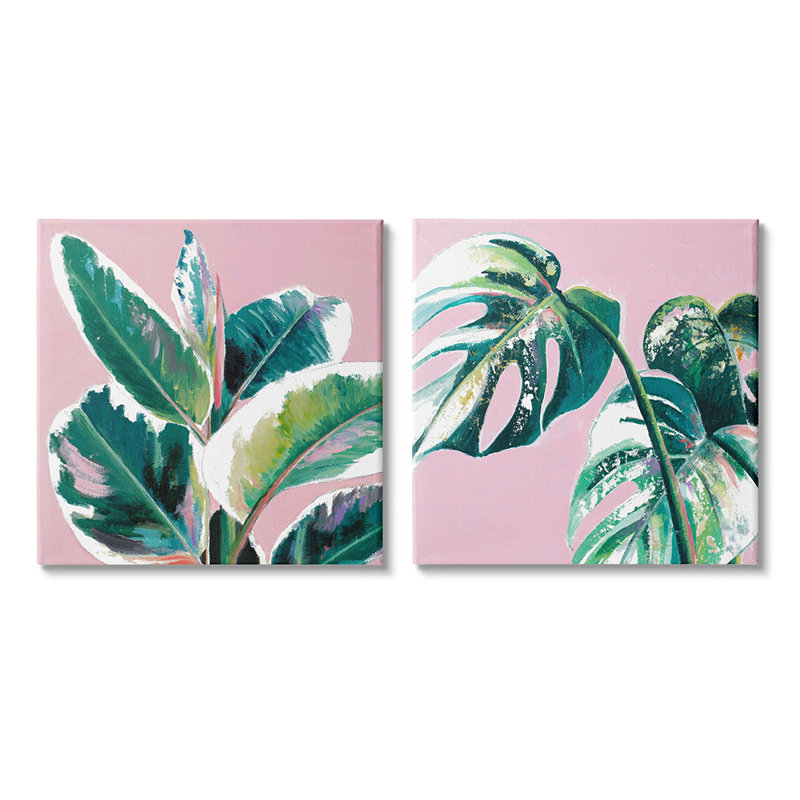 «Crrop Tropical Plant Leaves Pink Geometric Pop» par Patricia Pinto - ensemble de 2 impressions, H 24 po x l 24 po x P 1,5 po