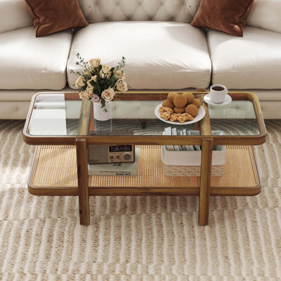 2-tier Rustic Coffee Table With Storage Tempered Glass Tabletop Pe Rattan Shelf 