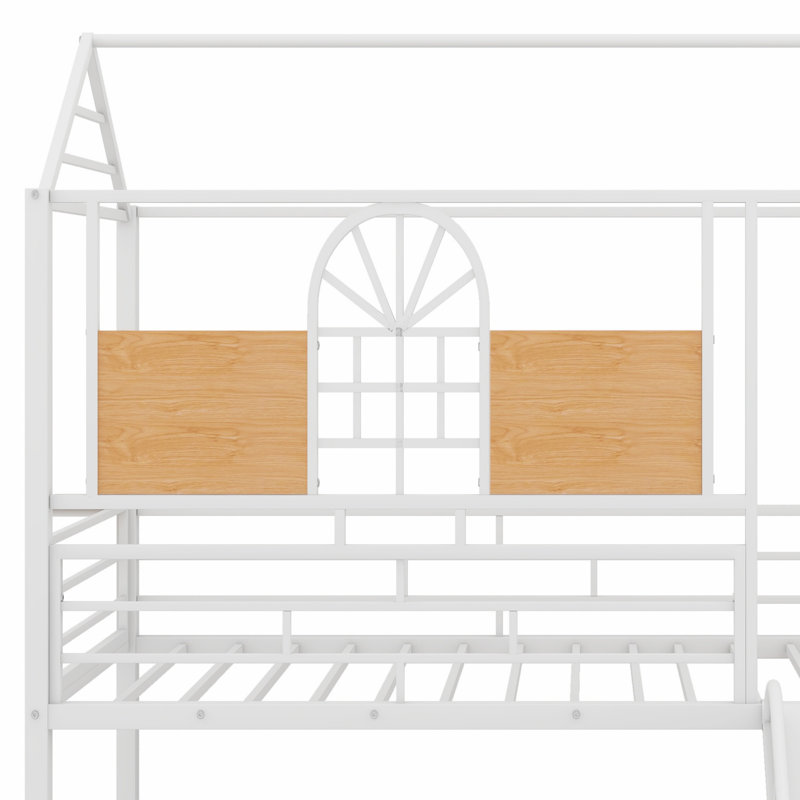 Metal House Bunk Bed With Slide And Storage Stair, White