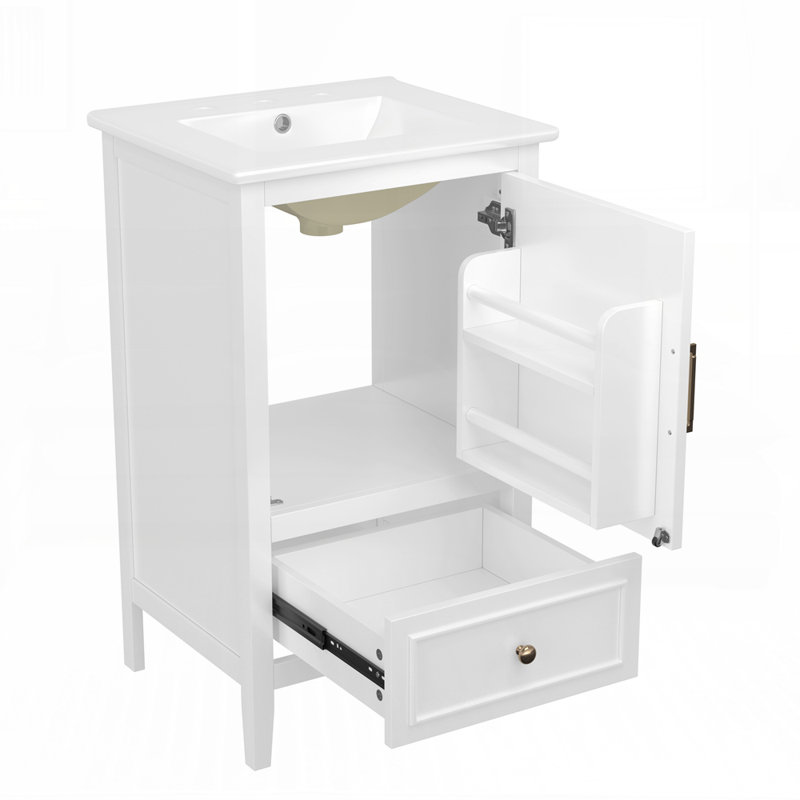 Meuble-lavabo de salle de bain avec lavabo, tiroir à deux tiroirs, tablette ajustable en bois massif et panneau de fibres à densité moyenne pour un rangement durable et élégant