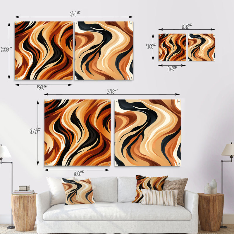 Motif rayé à motif zébré moka - ensemble abstrait d'art mural en acrylique sur verre, H 36 po x l 73 po