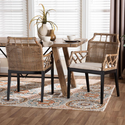 Bali & Pari Abiel Natural Rattan 2-Piece Dining Armchair Set With Cushion – Handwoven Wicker Chair With Mahogany Wood Frame, Coastal Boho Seating For Dining Room Or Kitchen