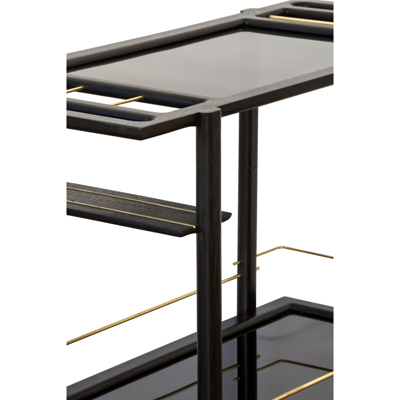 Solid Wood Bar Cart with Wheels, Ebonized Oak/Brass