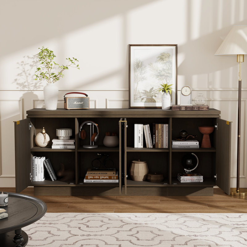 70"W Brown Modern 4-Door Wood Storage Sideboard Buffet, Brown, solid wood board foot