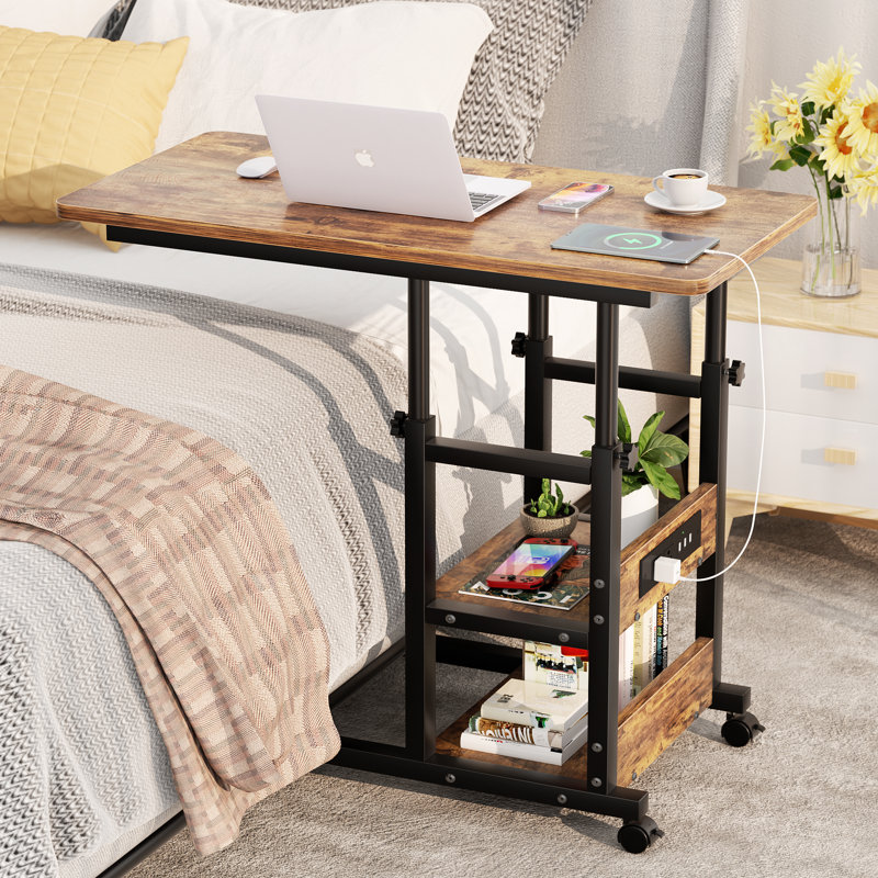 Height Adjustable C Table with USB Port and Wheels, Brown