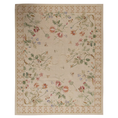 Tapis unique noué à la main beige / vert / brun de haute qualité