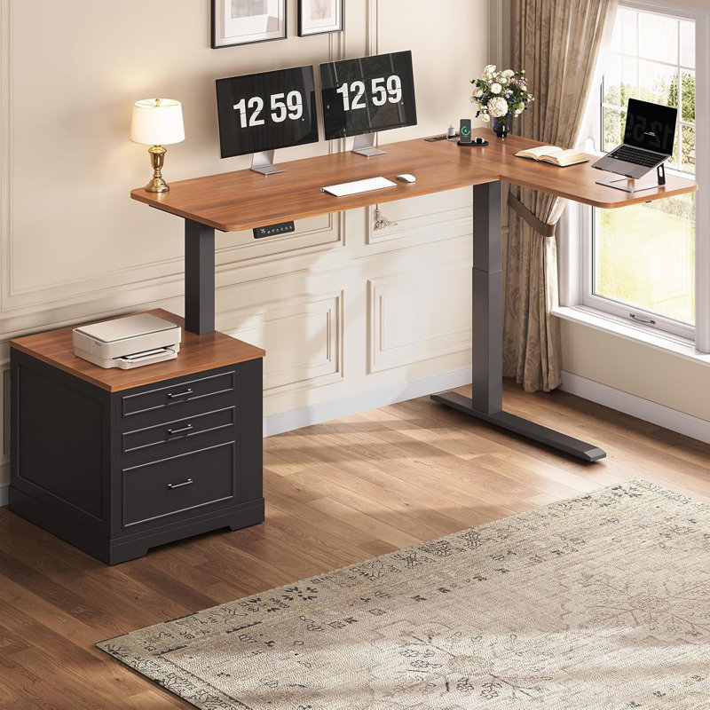 Farmhouse L Shaped Electric Standing Desk, Brown, Black