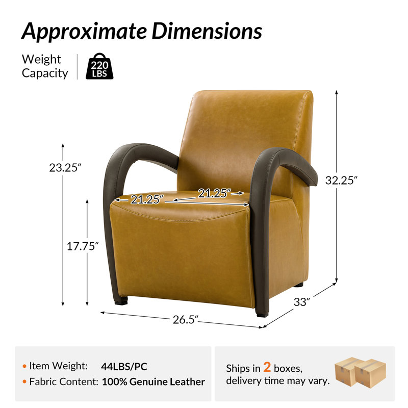 Peru 26.5"W Modern Napa Full Top Grain Genuine Leather Armchair with Unique Arms, Yellow