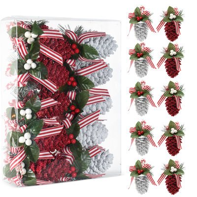 Pomme de pin rouge / blanche à paillettes avec feuille de houx réaliste et baies de canneberge avec ficelle de Noël - ensemble de 10 boules décoratives