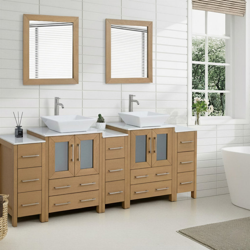  84" Double Bathroom Vanity Set with Mirror, Natural Oak