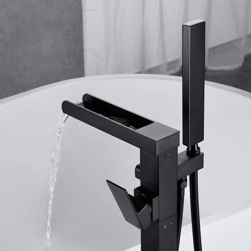 Matte Black Brass Waterfall Freestanding Tub Faucet with Hand Shower
