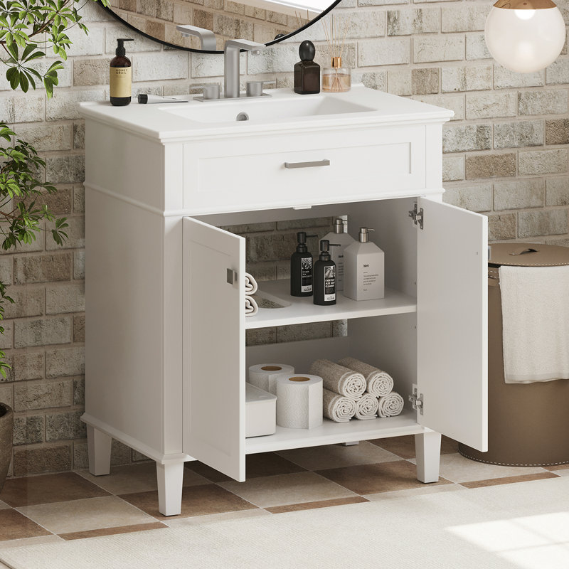 bathroom vanity with ceramic basin, White