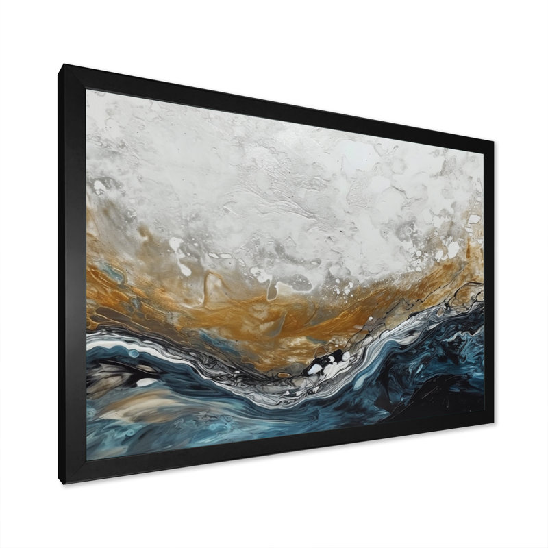 Gris doré moderne abstrait contemporain II - art mural abstrait en marbre, Cadre simple noir, H 16 po x l 32 po x P 1 po