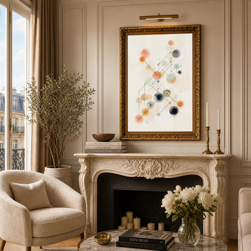 Tableau abstrait de cercles et de lignes à la texture aquarelle sur toile, H 24 po x l 16 po