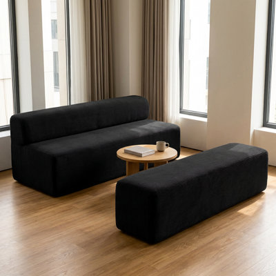 60" modular loveseat sofa set with independent dual seats and bench, no assembly corduroy sofa bed for living room apartment, black