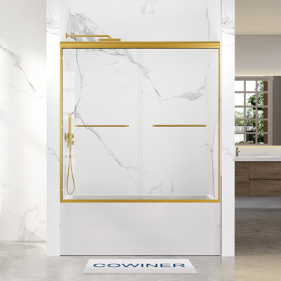 Porte de baignoire coulissante double encadrée de 56 à 60 po x H 60 po en or brossé avec verre trempé transparent de 5/16 po (8 mm)