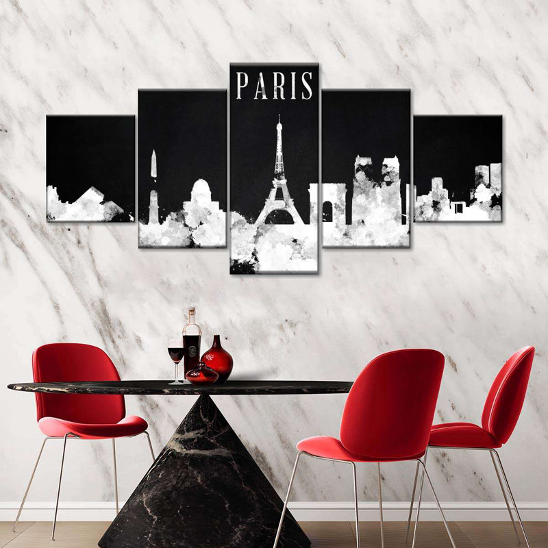 Paris City Paris Skyline BW 5 pièces, H 24 po x l 55 po x P 1,25 po