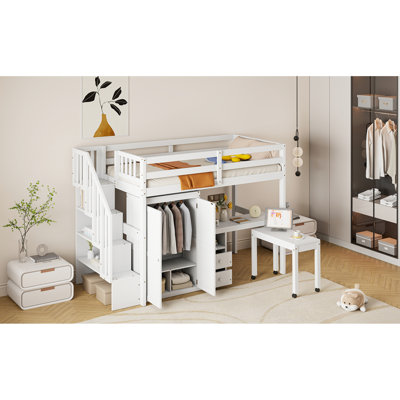 Lit mezzanine simple Space blanc - Escaliers, bibliothèque, tiroirs, bureau et garde-robe Idéal pour les chambres d'adolescents avec bureau à tiroirs supplémentaires, adolescents