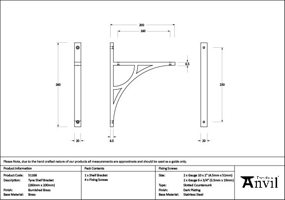 Tyne Shelf Bracket, 26cm H x 7.9cm W x 2cm D, Burnished Brass