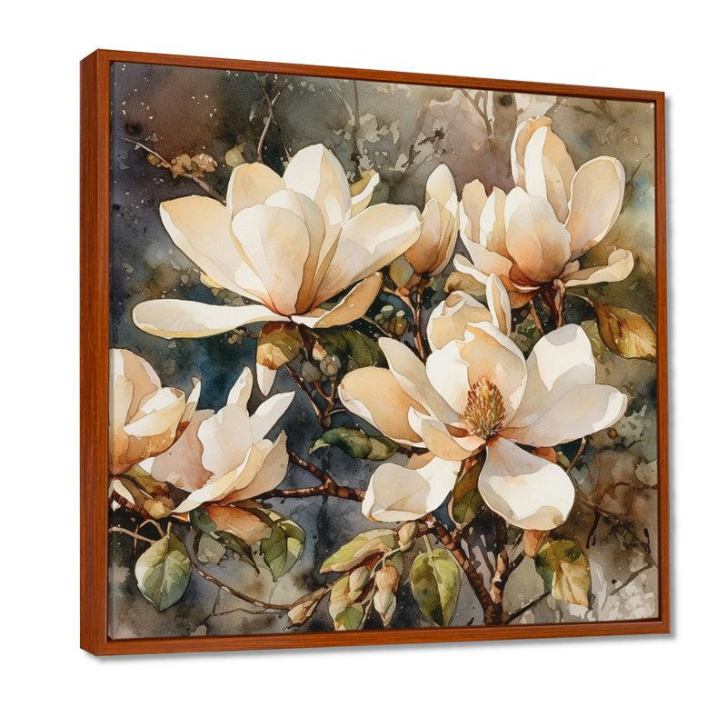 «Cream Magnolia Symphony», reproduction d'art sur toile, H 30 po x l 30 po x P 1 po, Cadre flottant brun