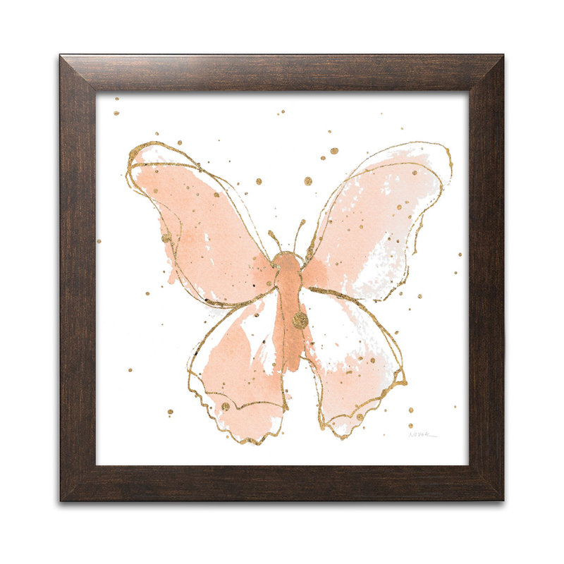 Papillons dorés II, aquarelle rosée, Papier avec cadre brun, H 12 po x l 12 po x P 0,75 po