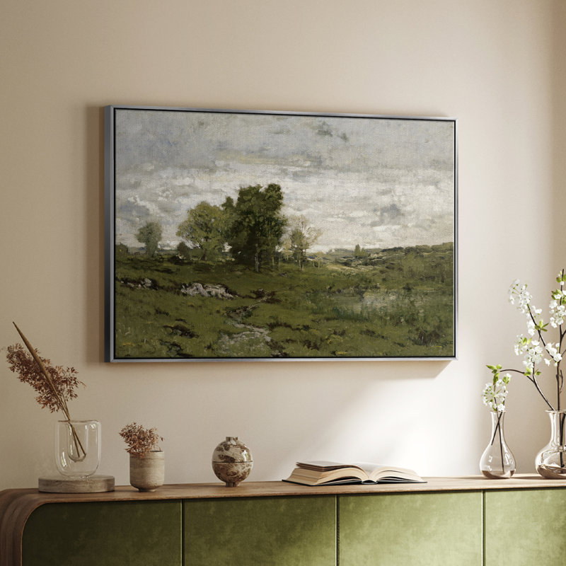Paysage rétro - DCLXIV, H 25 po x l 37 po x P 2 po, Toile avec cadre argenté