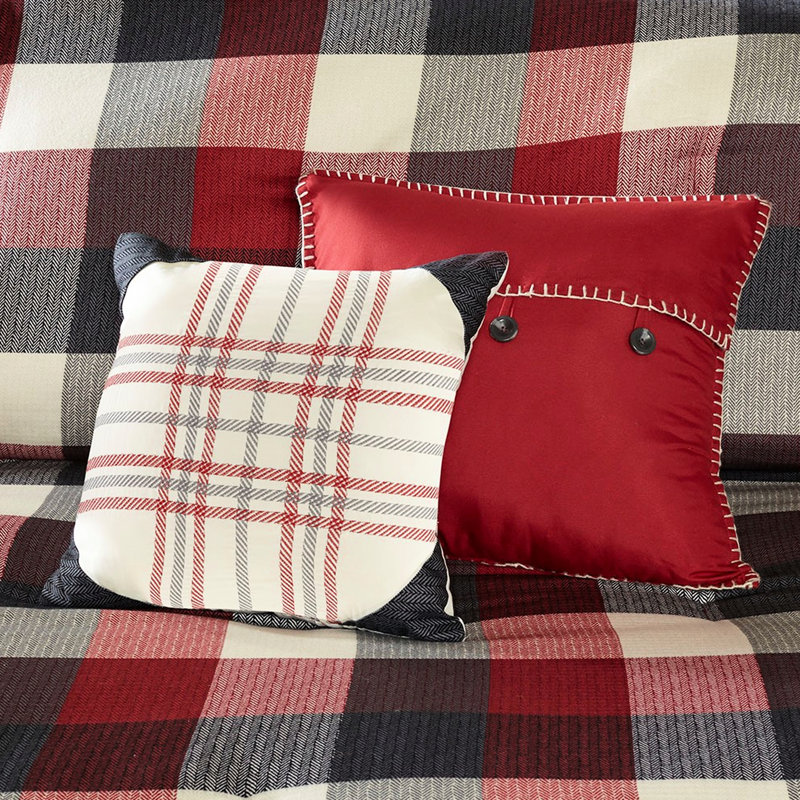 Édredon rouge à motif de chevrons 7 pièces - motif à carreaux Buffalo et 3 coussins décoratifs Jupe de lit Lavable à la machine