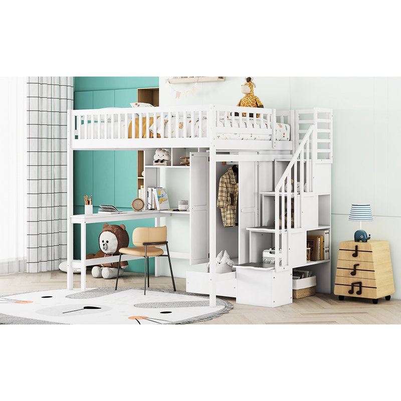 Lit mezzanine blanc avec bibliothèque pratique, tiroirs, bureau et garde-robe. Construction en pin. Chambre de jeu inspirée de la chambre à coucher. Garde-robe de plus de 6 ans - Construisez des pièces plus anciennes