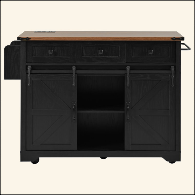 53.7" Farmhouse Kitchen Island With Power Outlet, 2 Sliding Barn Door Kitchen Storage Island With Drop Leaf, Spice Rack Rolling Kitchen Cart On Wheels, For Home, Kitchen And Dining Room