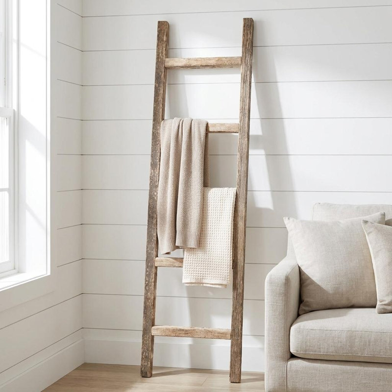 Orla Rustic Step Wood Ladder Shelf, Gray, (4 Shelves) 60" H x 15" W x 2" D