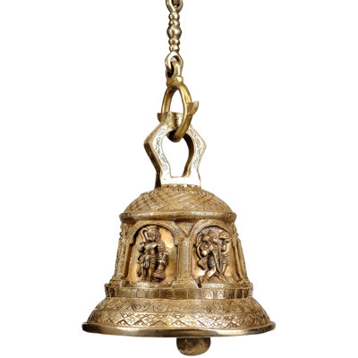 Handmade Brass Bell Featuring Shri Ram, Lakshman, Sita, and Hanuman Ji – 13" Hindu Spiritual Sculpture for Home, Garden, Temple & Décor