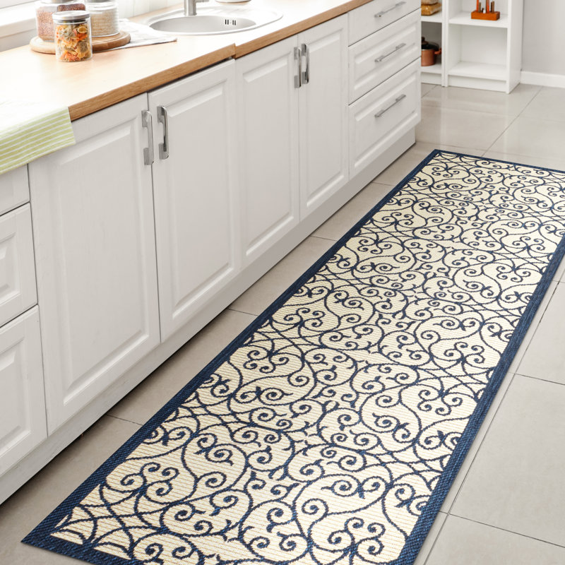 Deilani Vintage Filigree Textured Weave Navy/Beige Indoor/Outdoor Rug, Runner 2'2" x 10'
