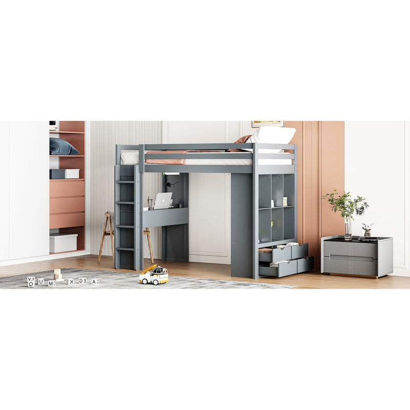 Lit mezzanine simple gris avec tablettes, bureau et lampe à DEL, Gris, Lit simple