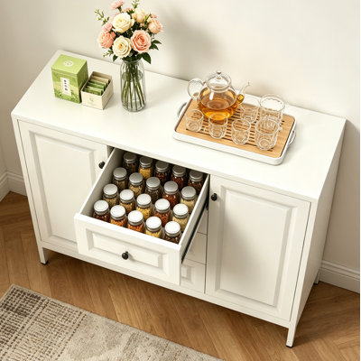 Buffet de rangement 40,16 po, armoire d'appoint autoportante avec 4 tiroirs et 2 portes, armoire à tablettes réglables pour le salon, la cuisine, le vestibule, le couloir et la salle de lavage (beige)